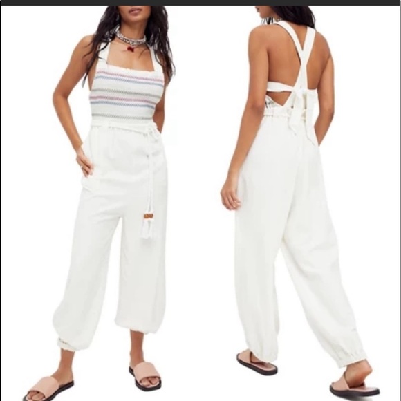 NWT Free People Siena Smocked Jumpsuit in Ecru Size XS - Picture 1 of 16